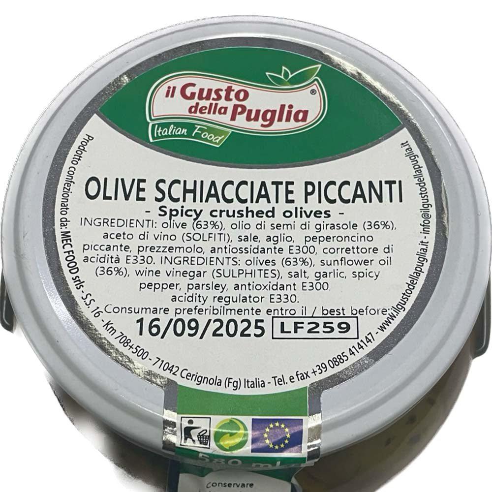 Olive Schiacciate Piccanti in Olio di Semi di Girasole vasetto da 580ml